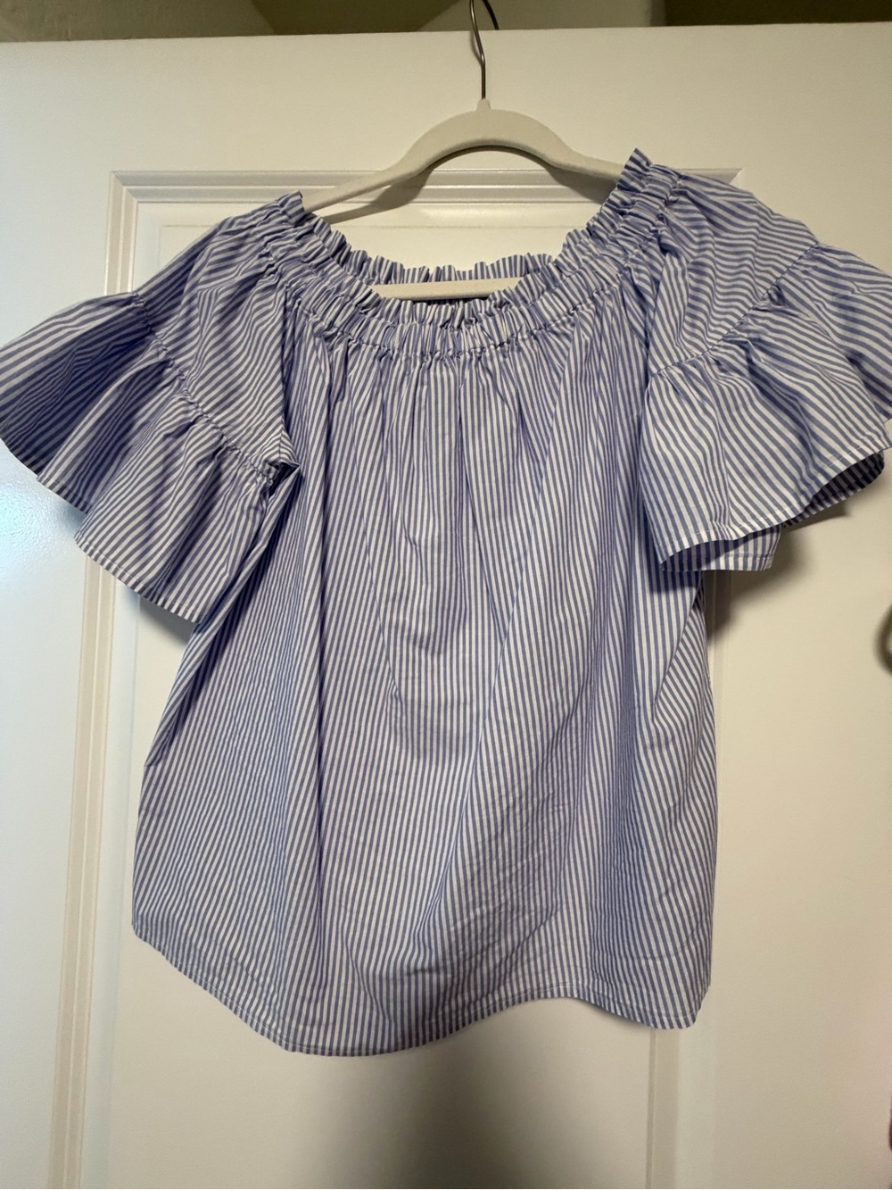 kate spade Blue and White Striped Off-Shoulder Ruffle Sleeve Top